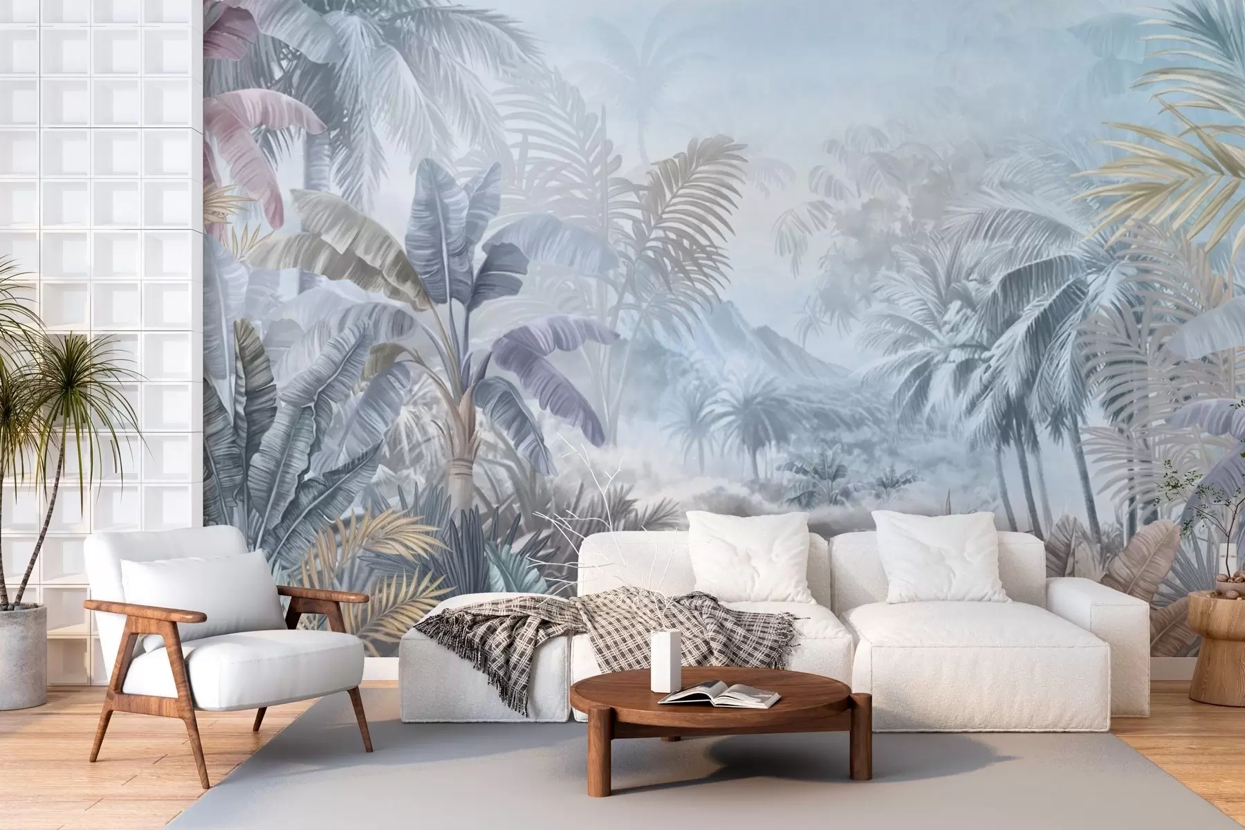 Papier peint Forêt tropicale dans des tons bleus doux w01931