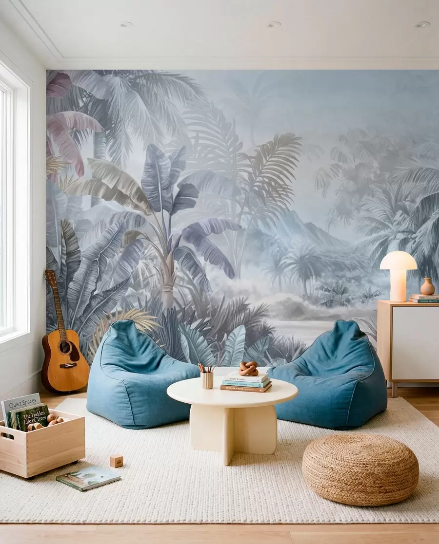 Papier peint Forêt tropicale dans des tons bleus doux w01931