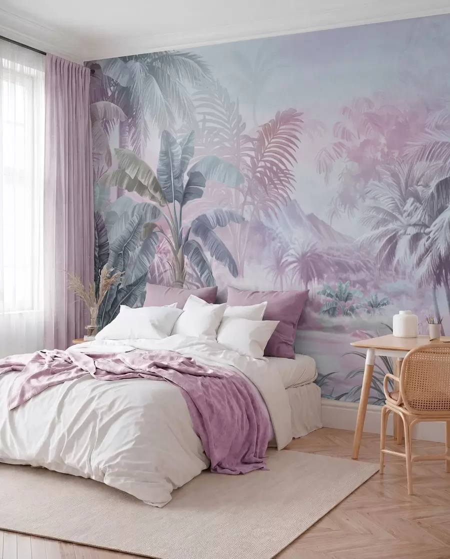 Papier peint Forêt tropicale dans des tons bleus et roses doux w01931v2