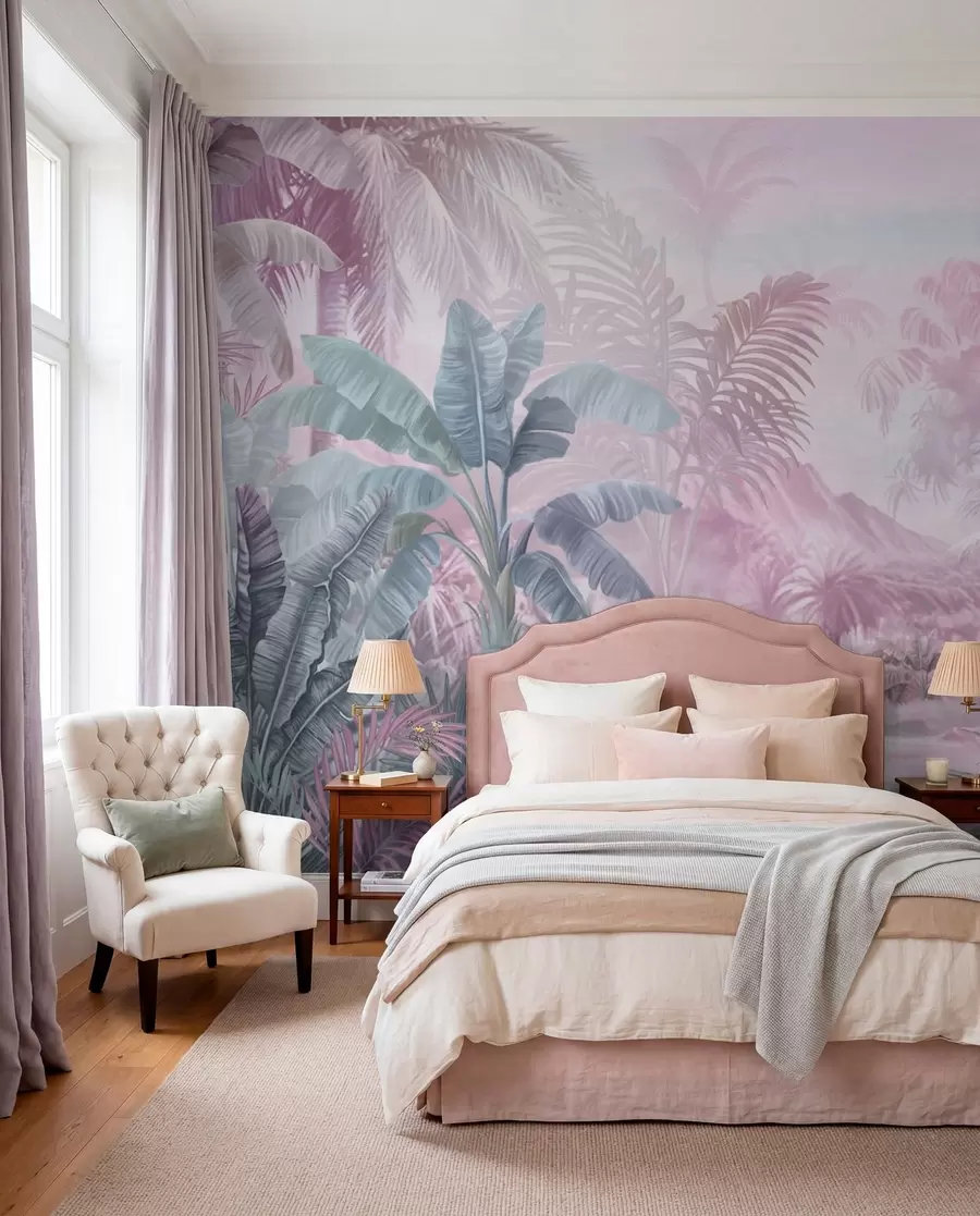 Papier peint Forêt tropicale dans des tons roses doux w01931v3