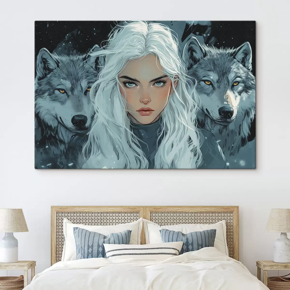 Tableau Belle fille avec des loups, style anime, palette de couleurs grises  s41461