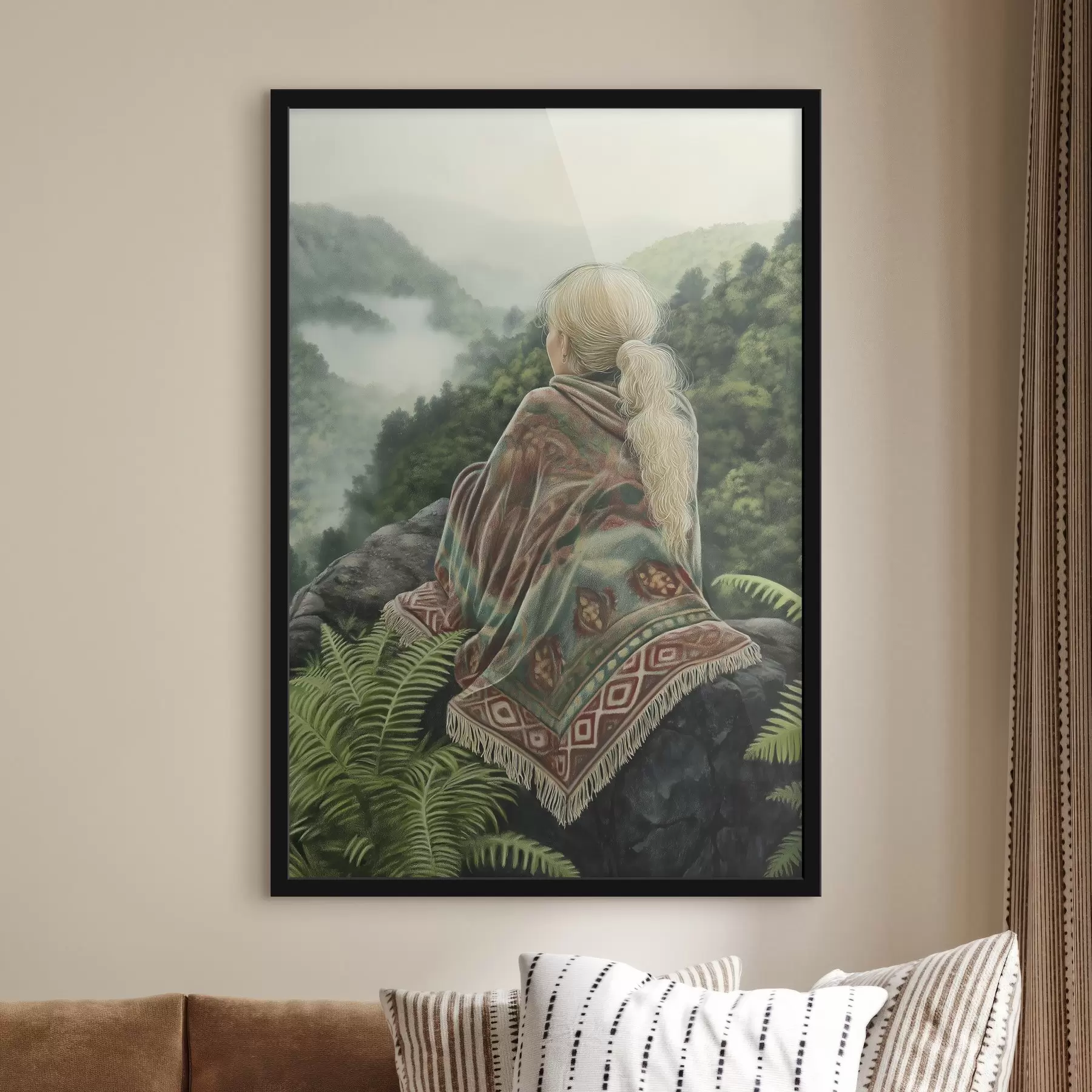 Papier peint Fille dans la couverture assise sur le rocher, montagnes, brouillard forestier, nature paysagère f41454