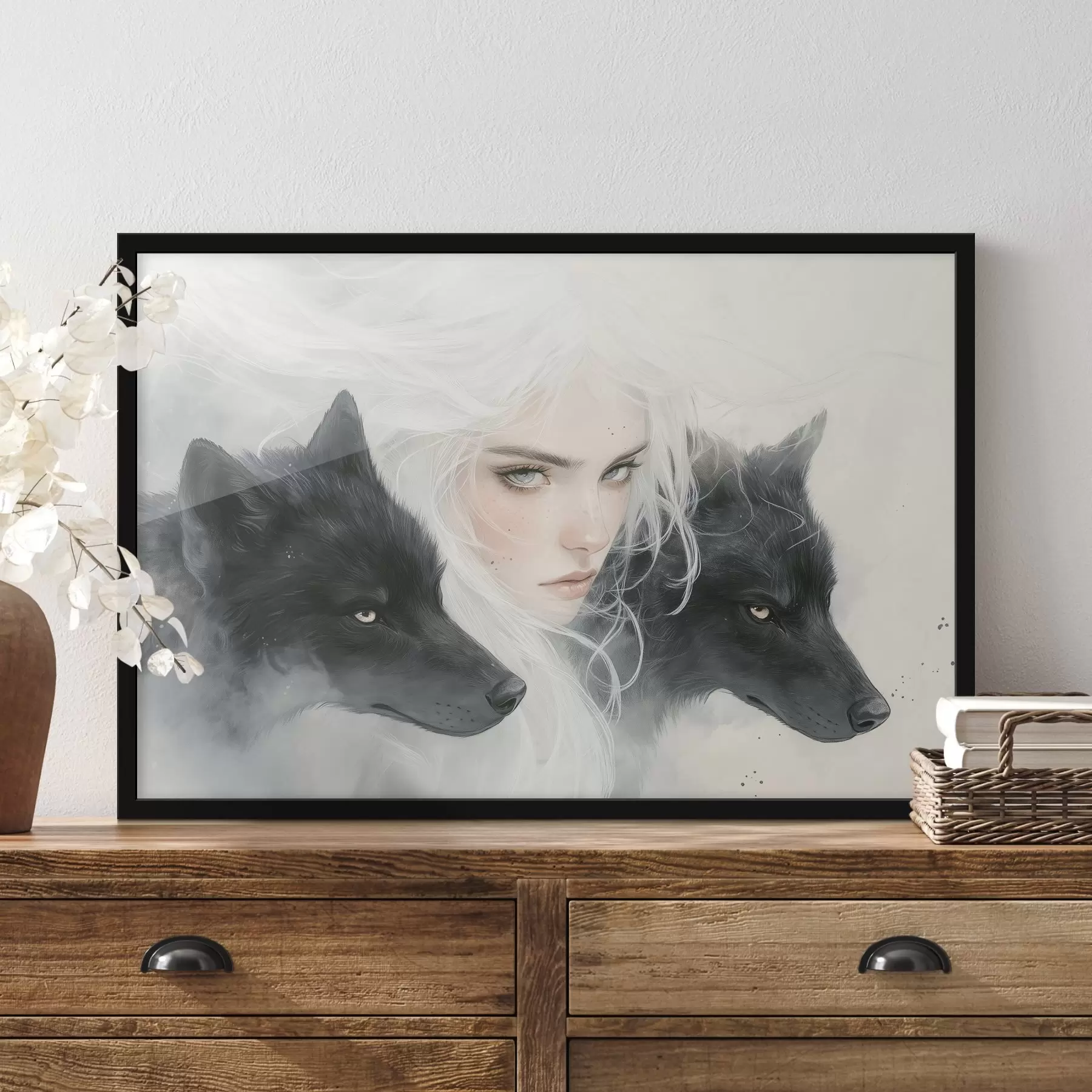 Papier peint Portrait de femme, loups sauvages, anime, acrylique f41456