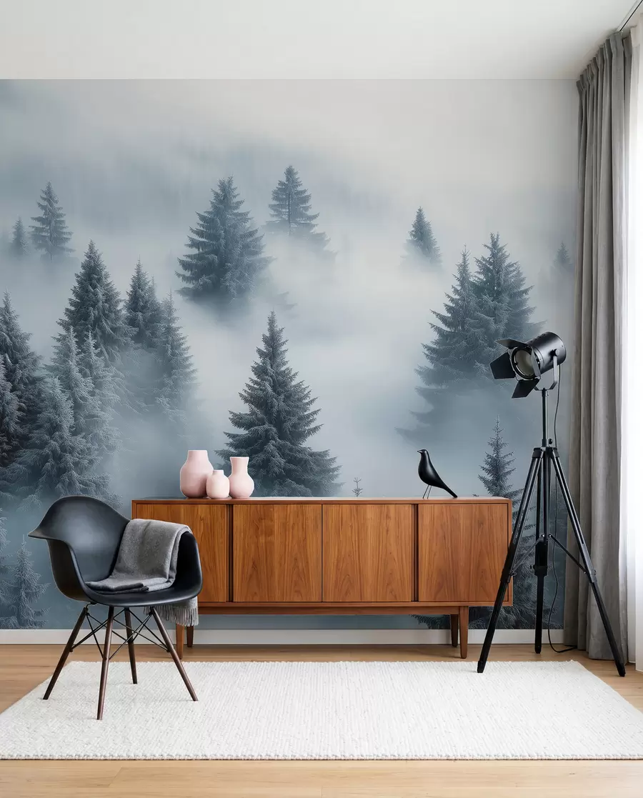 Papier peint Conifères dans la brume bleue w02064