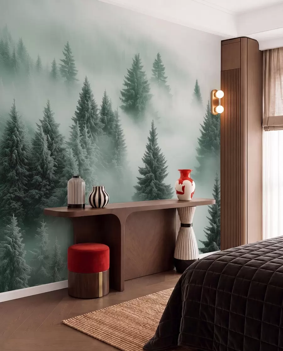 Papier peint Brouillard épais enveloppant une forêt enneigée du matin dans des tons de vert w02064v1