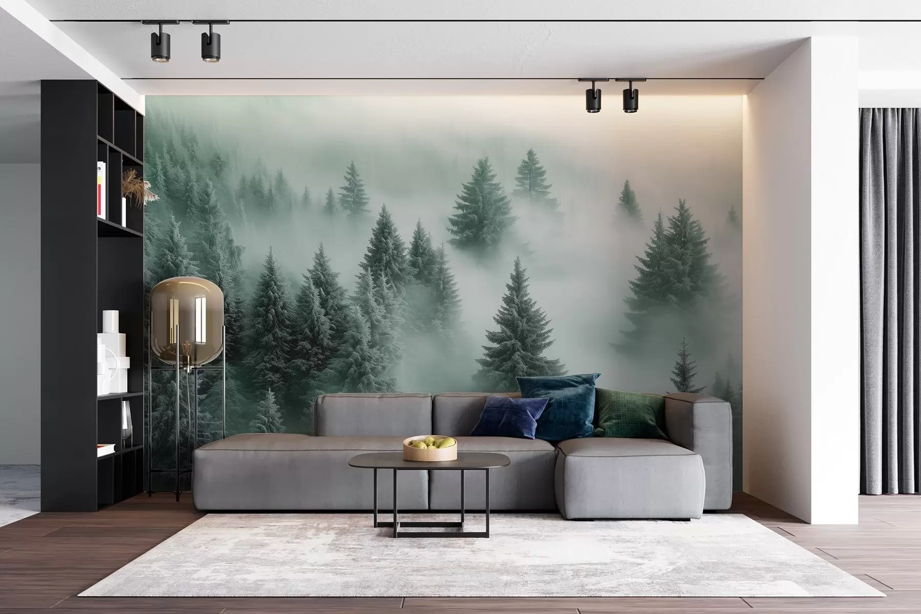 Papier peint Brouillard épais enveloppant une forêt enneigée du matin dans des tons de vert w02064v1