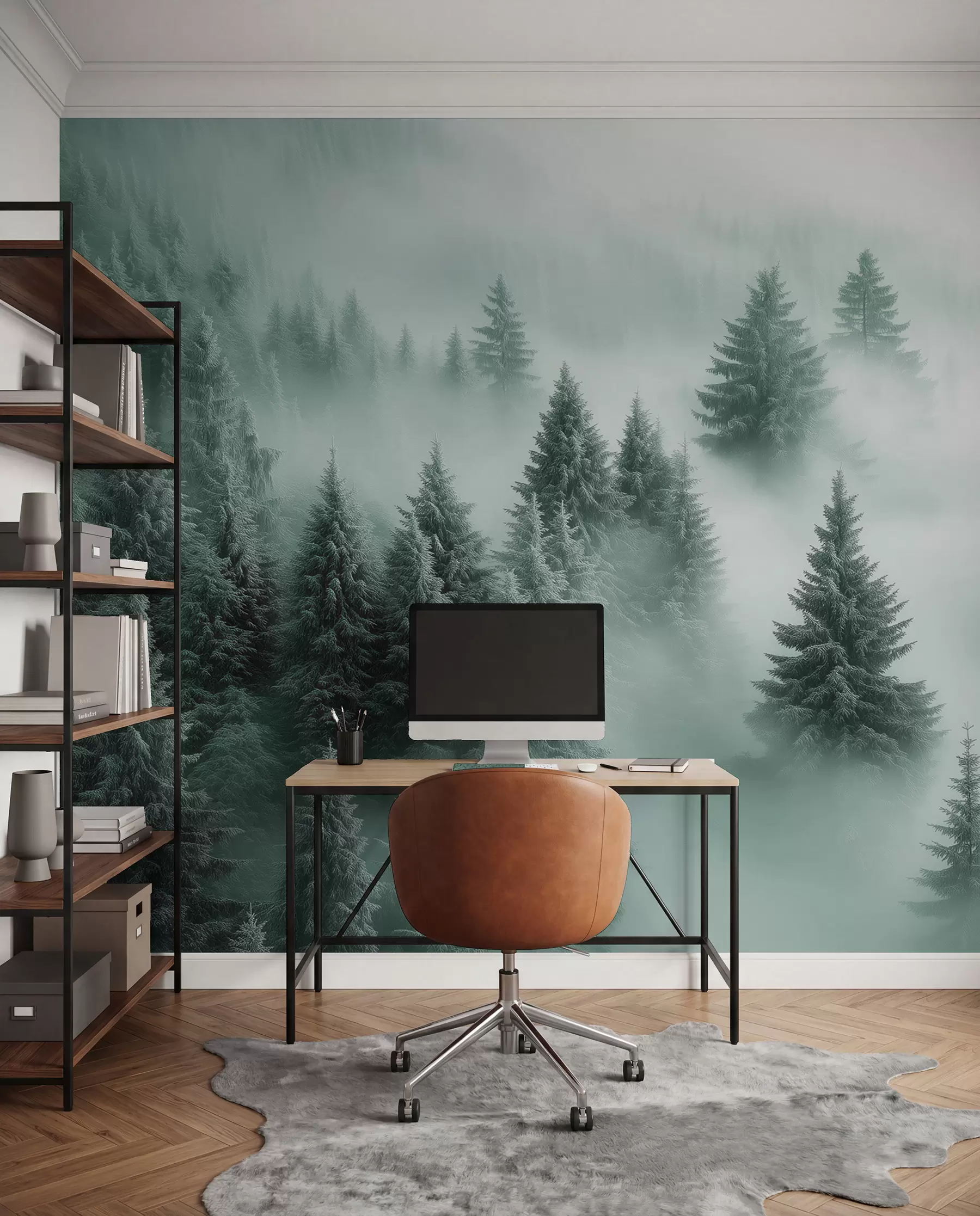 Papier peint Brouillard épais enveloppant une forêt enneigée du matin dans des tons de vert w02064v1