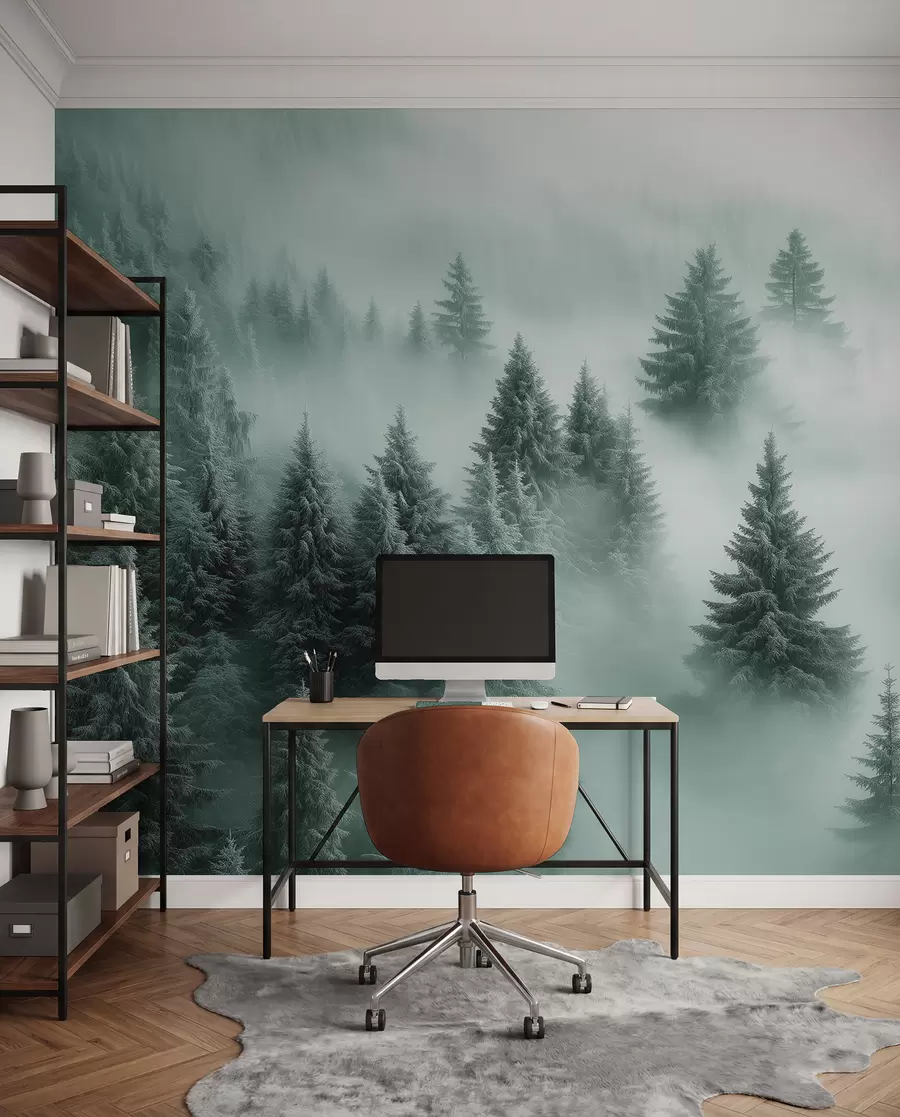Papier peint Brouillard épais enveloppant une forêt enneigée du matin dans des tons de vert w02064v1
