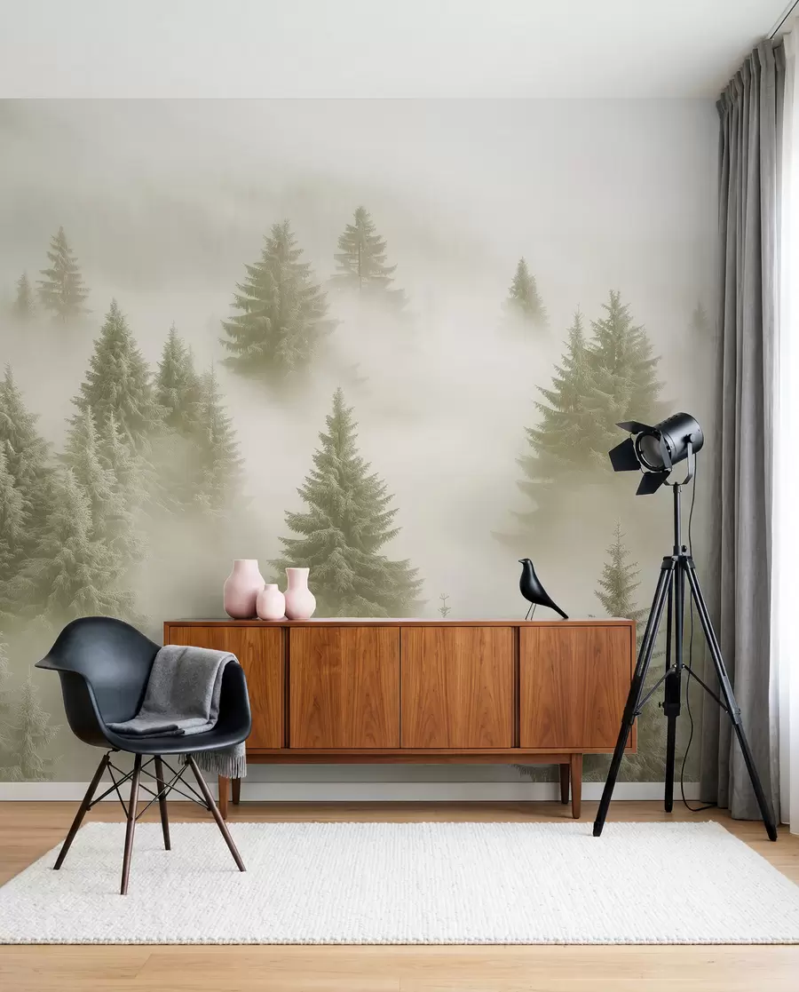 Papier peint Conifères dans la brume olive w02064v2