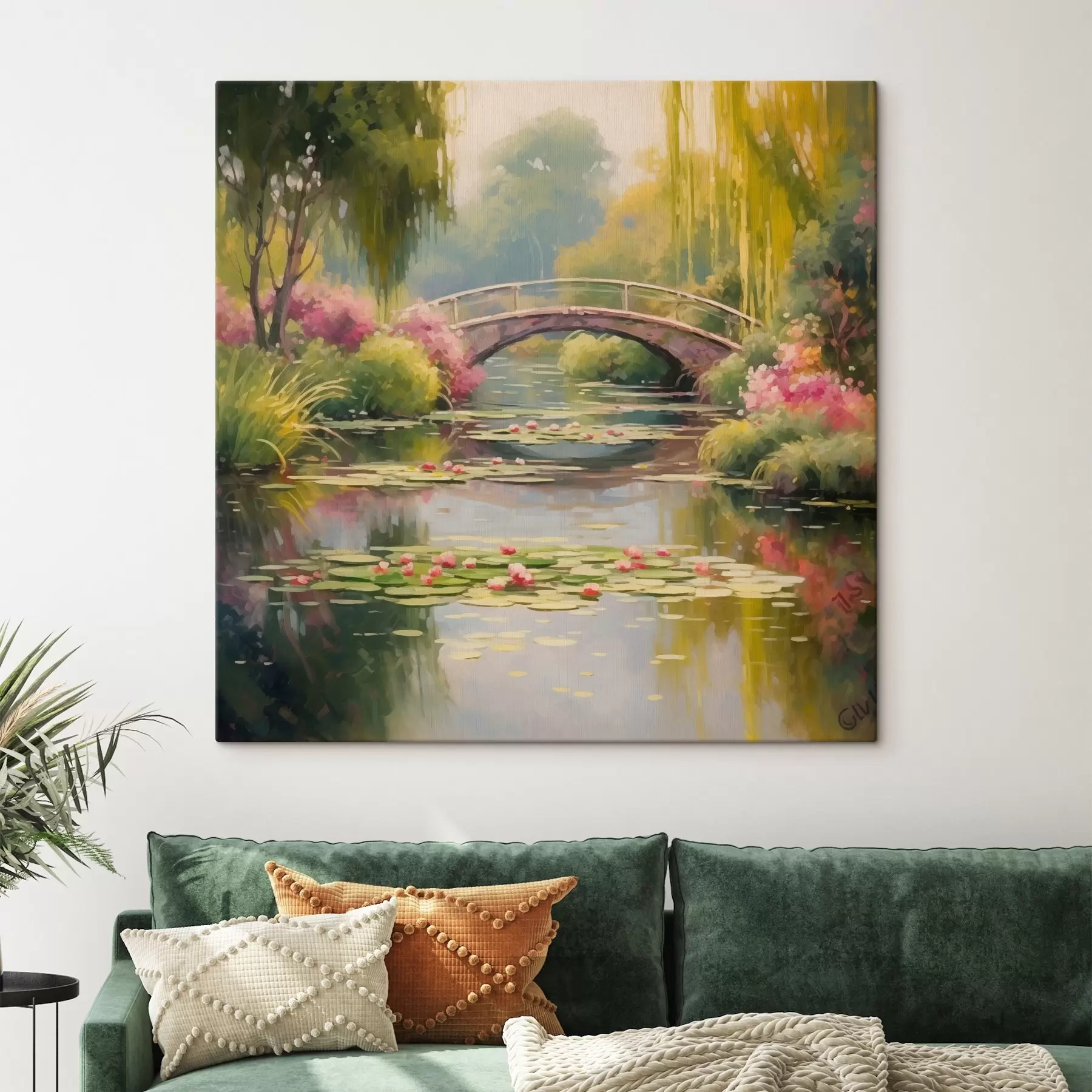 Papier peint Pont de jardin au-dessus du lac avec des nénuphars s41503
