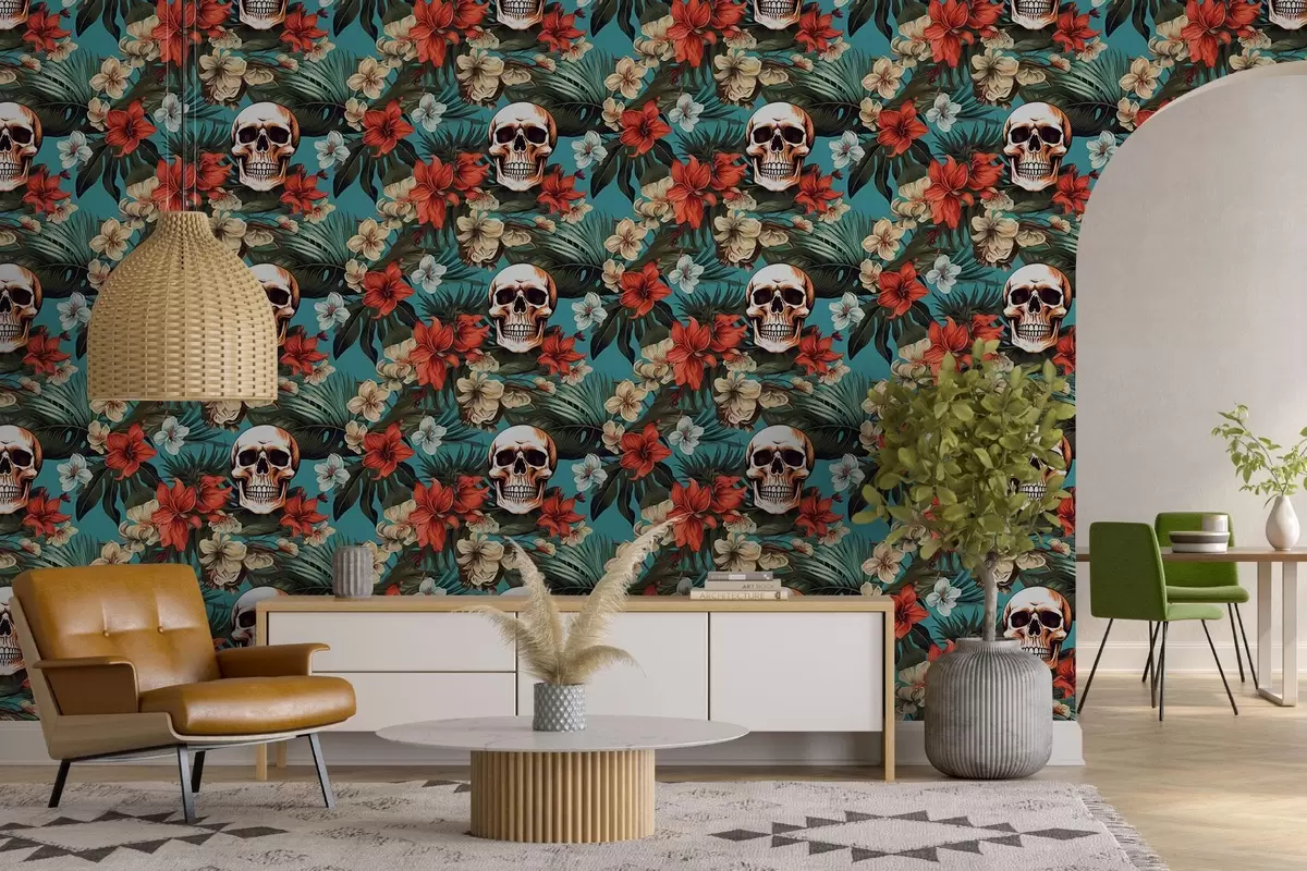 Papier peint Motif de tapis tropicaux avec fleurs et crânes w02122