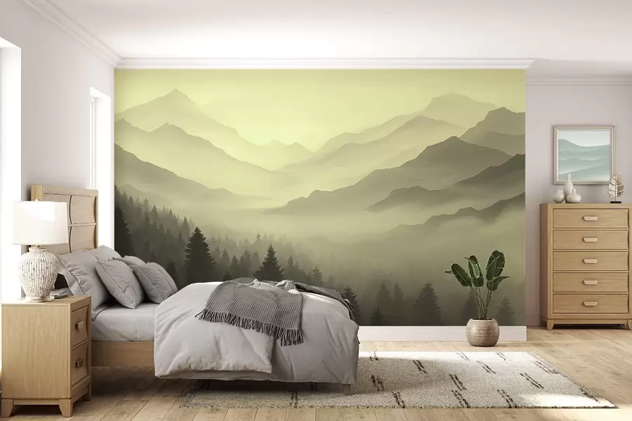 Papier peint Forêt et montagnes dans les tons verts w02186v1