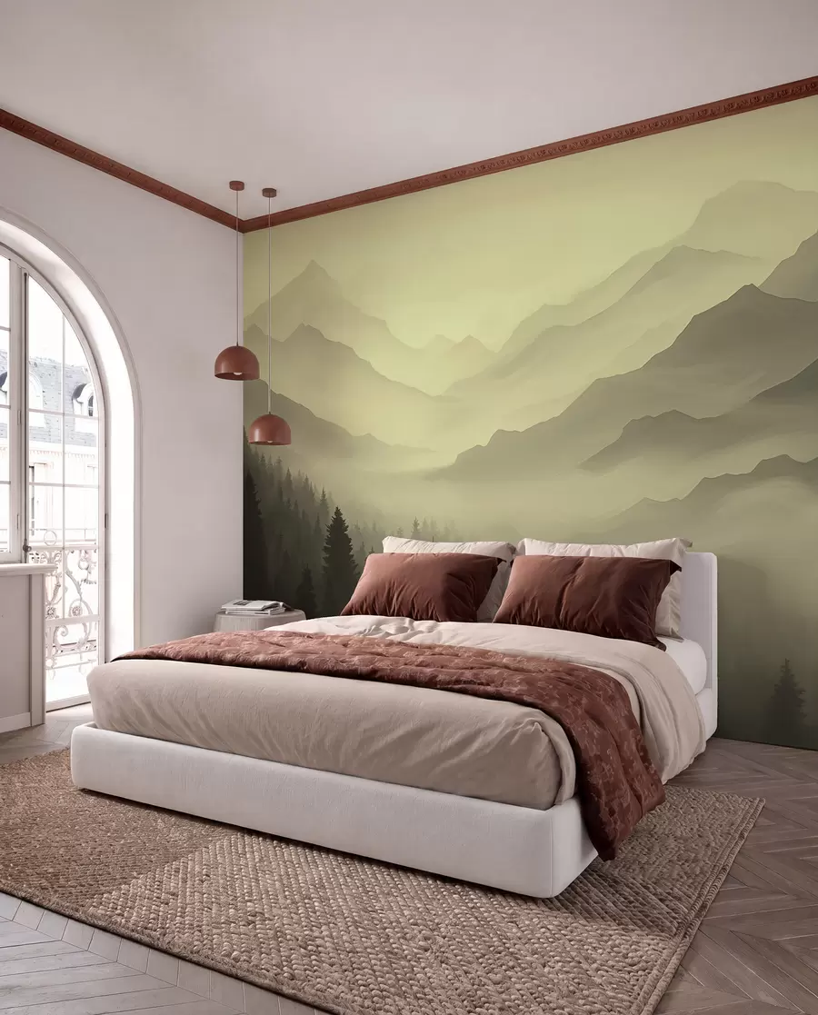 Papier peint Forêt et montagnes dans les tons verts w02186v1
