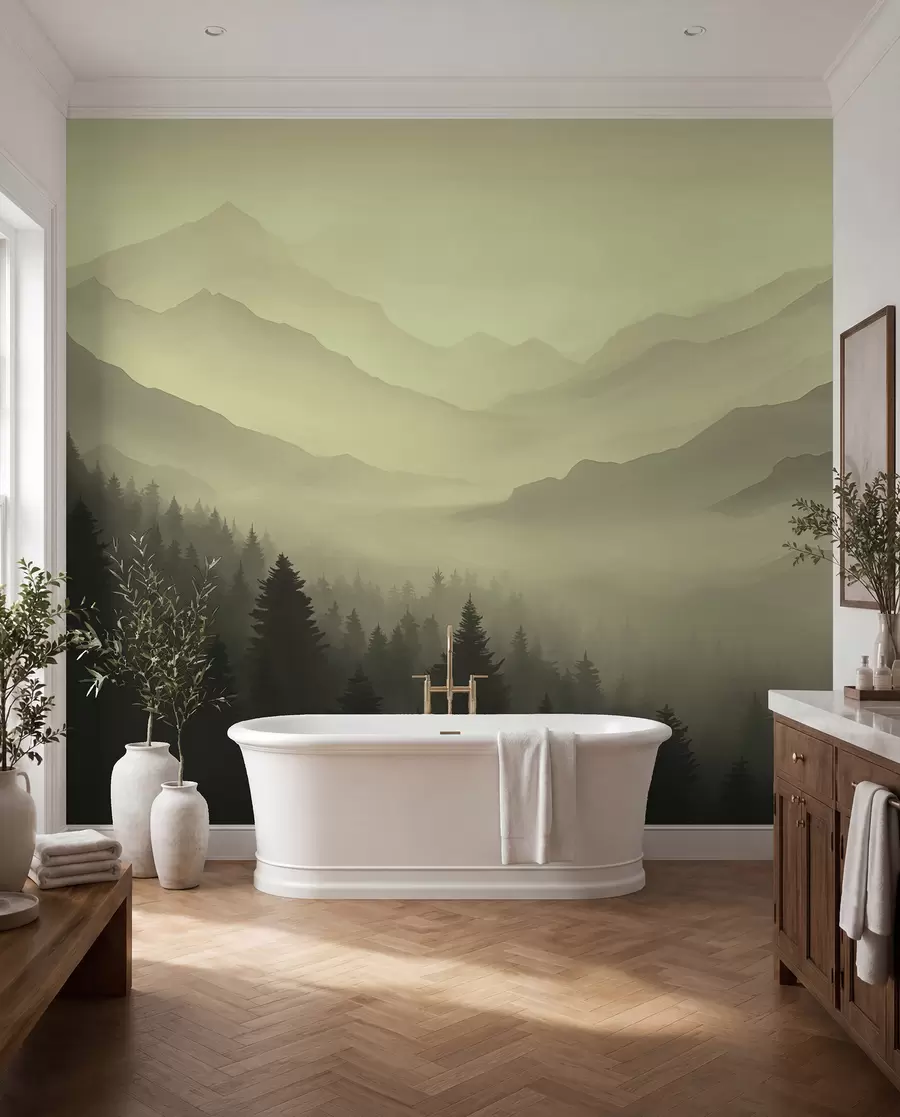 Papier peint Forêt et montagnes dans les tons verts w02186v1