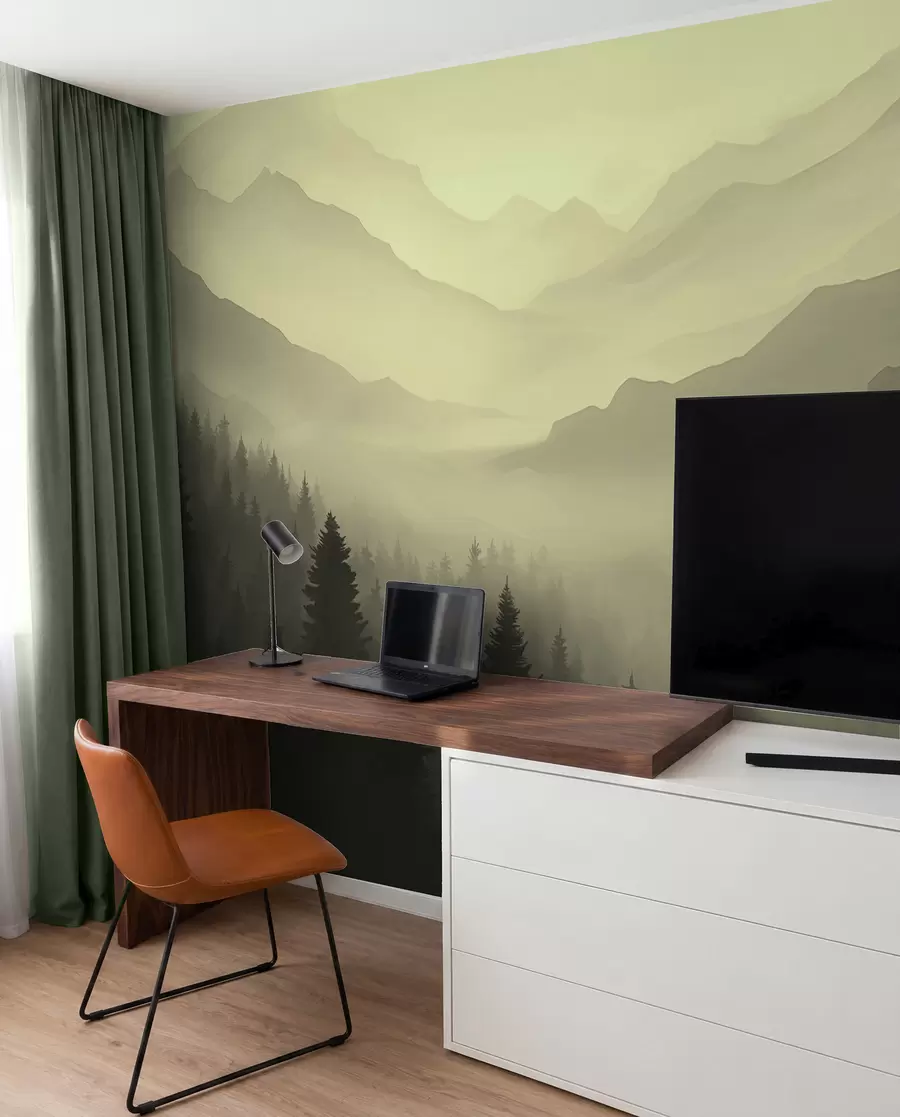 Papier peint Forêt et montagnes dans les tons verts w02186v1