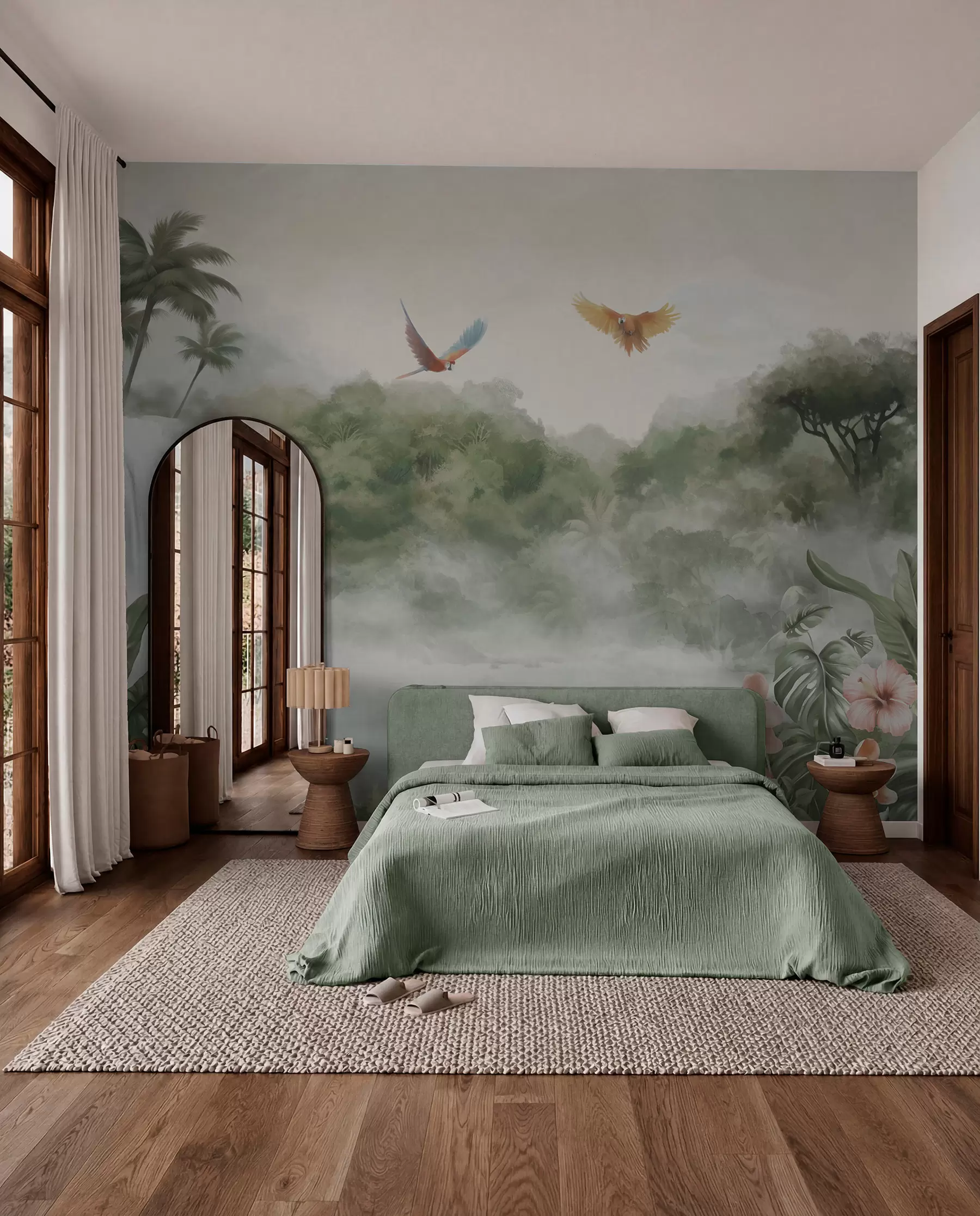 Papier peint Paysage tropical avec cascade, étang, fleurs et oiseaux w02127