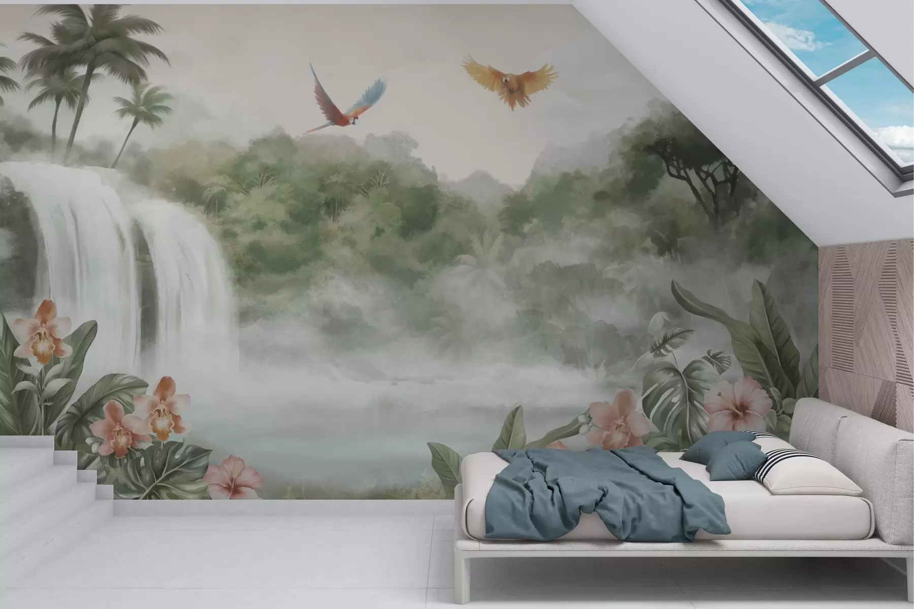 Papier peint Paysage tropical avec cascade, étang, fleurs et oiseaux w02127