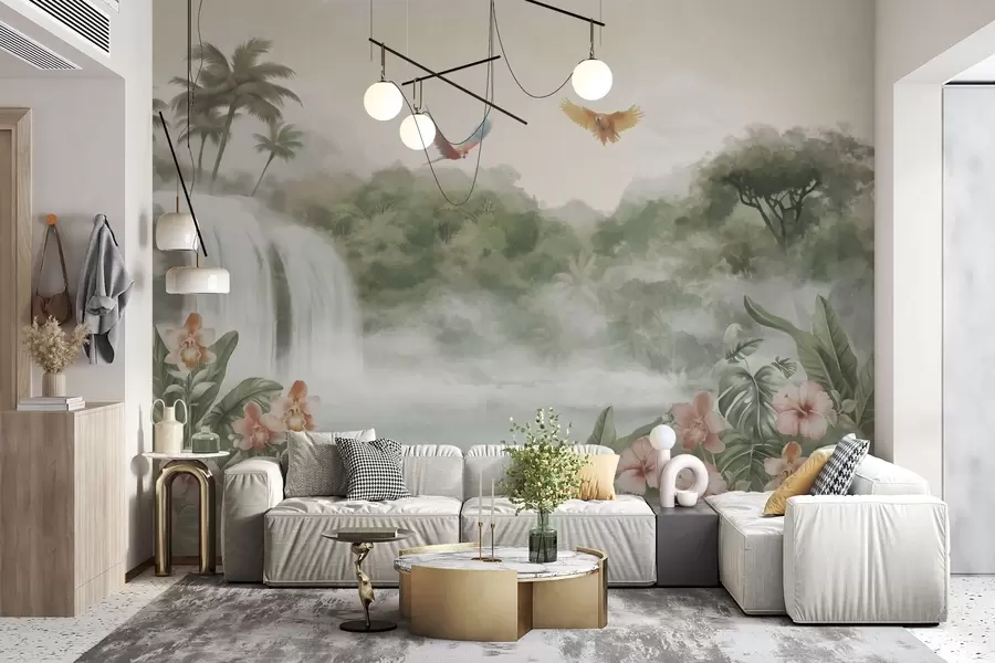 Papier peint Paysage tropical avec cascade, étang, fleurs et oiseaux w02127