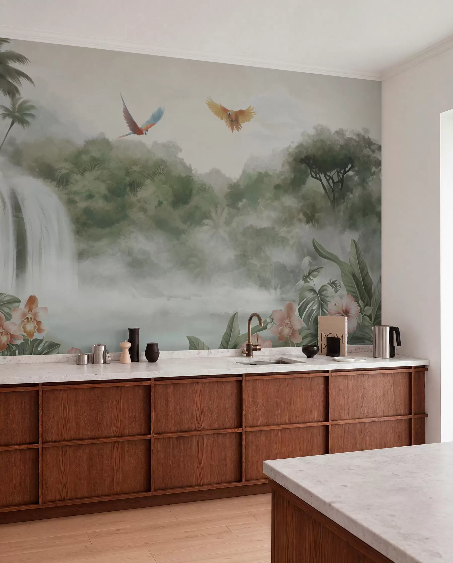 Papier peint Paysage tropical avec cascade, étang, fleurs et oiseaux w02127