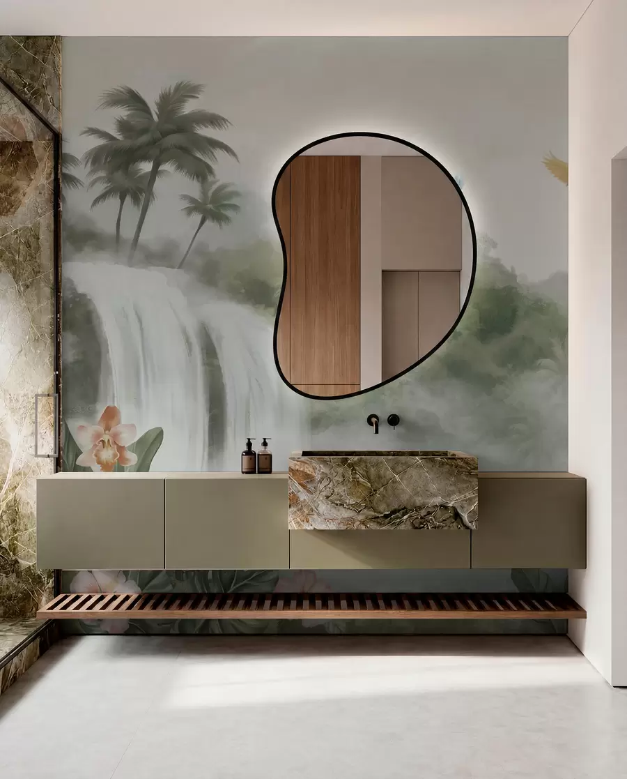 Papier peint Paysage tropical avec cascade, étang, fleurs et oiseaux w02127