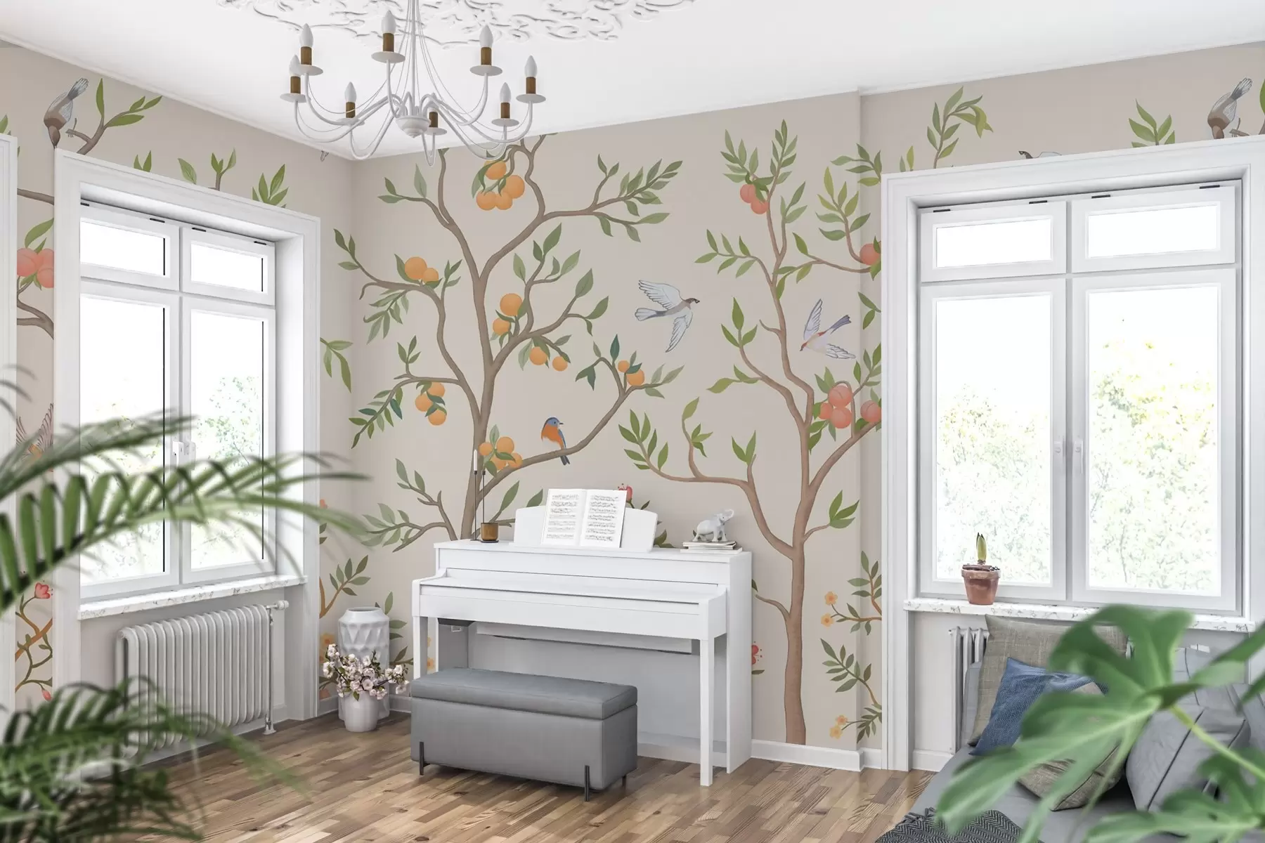 Papier peint Motif Chinoiserie avec oiseaux, arbres sinueux, fruits et fleurs w02128