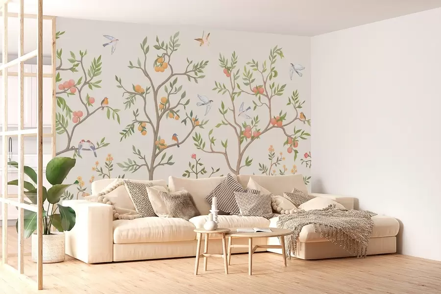 Papier peint Motif Chinoiserie avec oiseaux, arbres sinueux, fruits et fleurs w02128