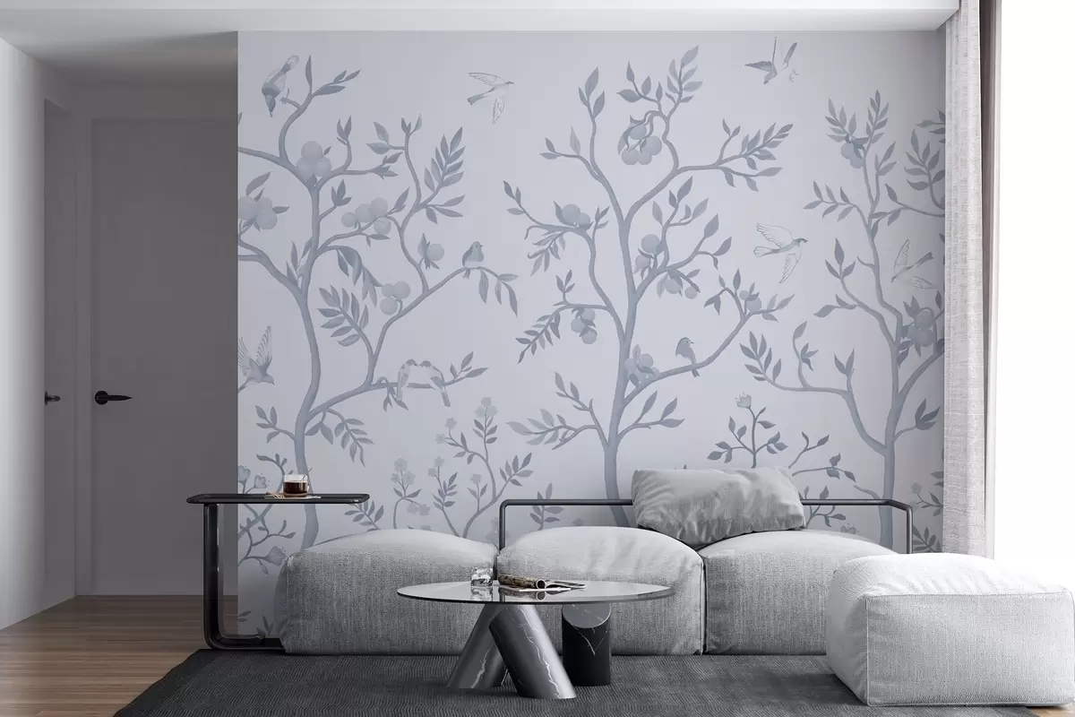 Papier peint Motif Chinoiserie avec oiseaux, arbres sinueux, fruits et fleurs en couleur bleue w02128v2