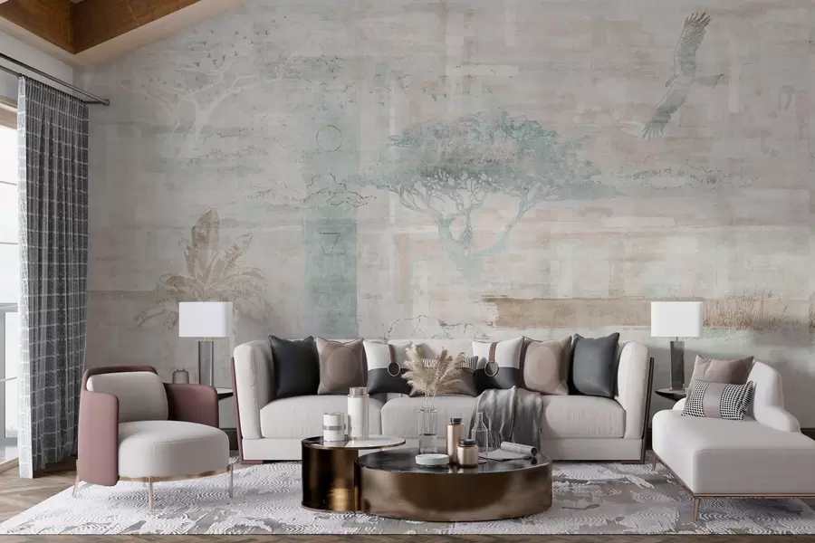 Papier peint Design vintage à effet grunge avec des arbres, un aigle et des éléments géométriques w02130