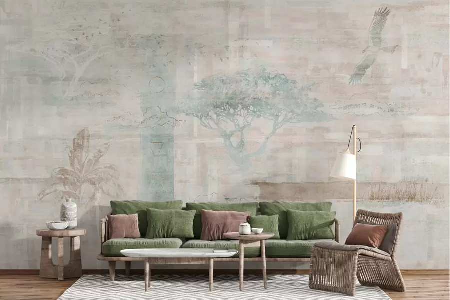 Papier peint Design vintage à effet grunge avec des arbres, un aigle et des éléments géométriques w02130