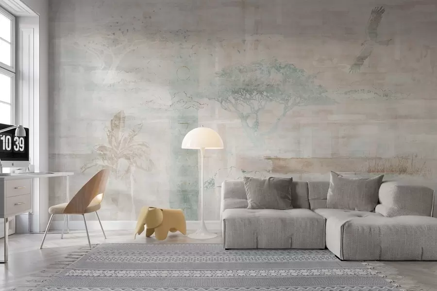 Papier peint Design vintage à effet grunge avec des arbres, un aigle et des éléments géométriques w02130