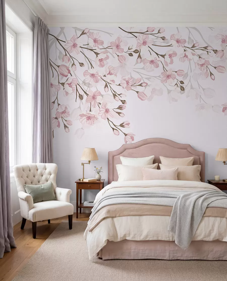 Papier peint branches fleuries roses sur fond rose w02200