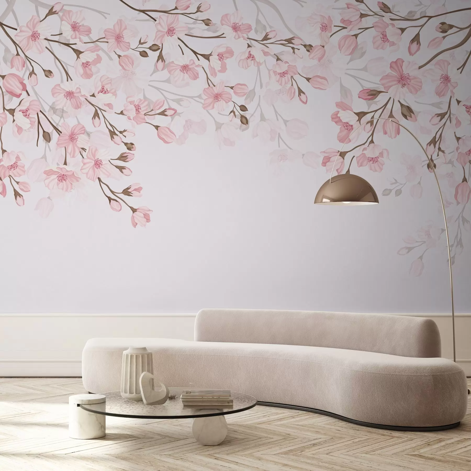 Papier peint branches fleuries roses sur fond rose w02200