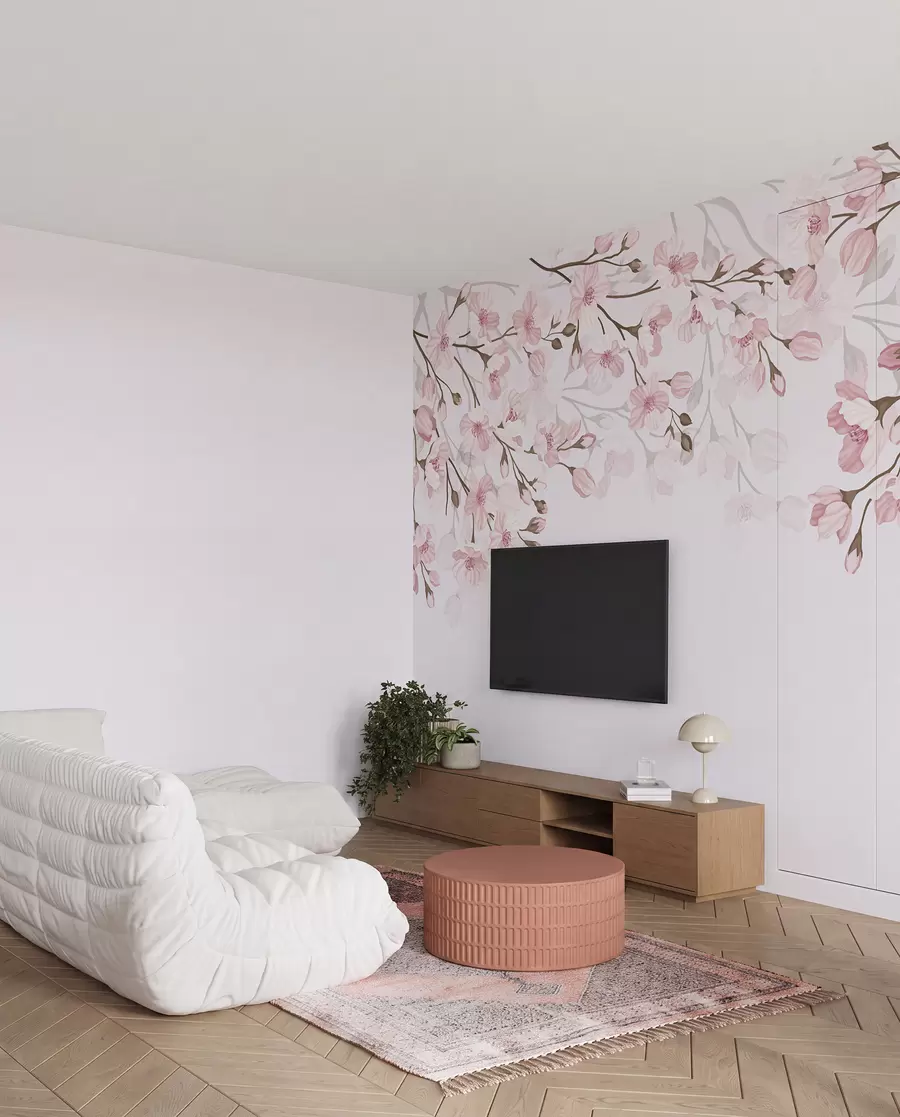 Papier peint branches fleuries roses sur fond rose w02200