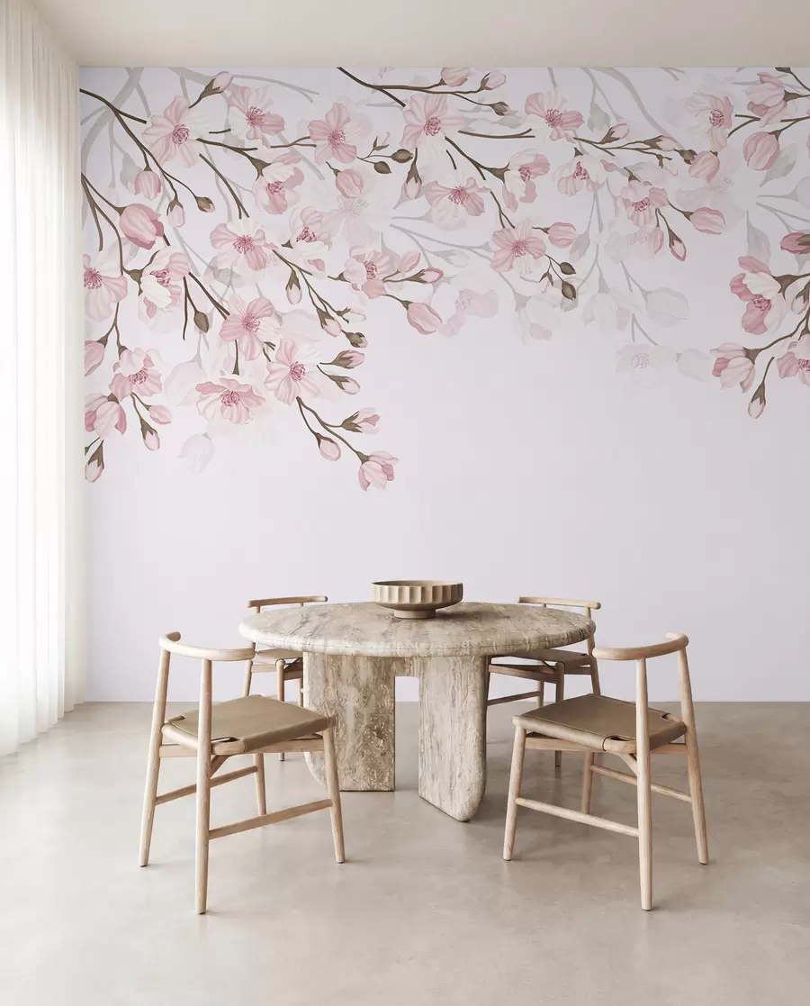 Papier peint branches fleuries roses sur fond rose w02200