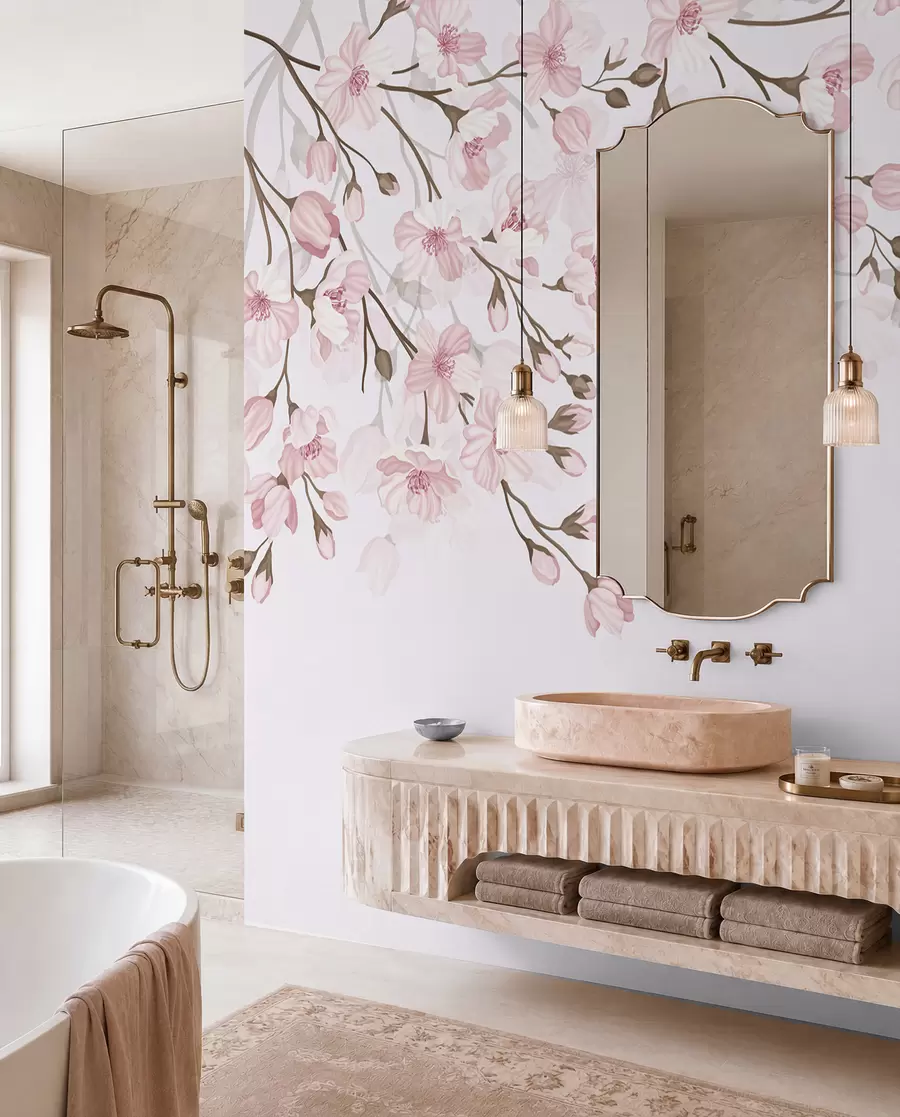 Papier peint branches fleuries roses sur fond rose w02200