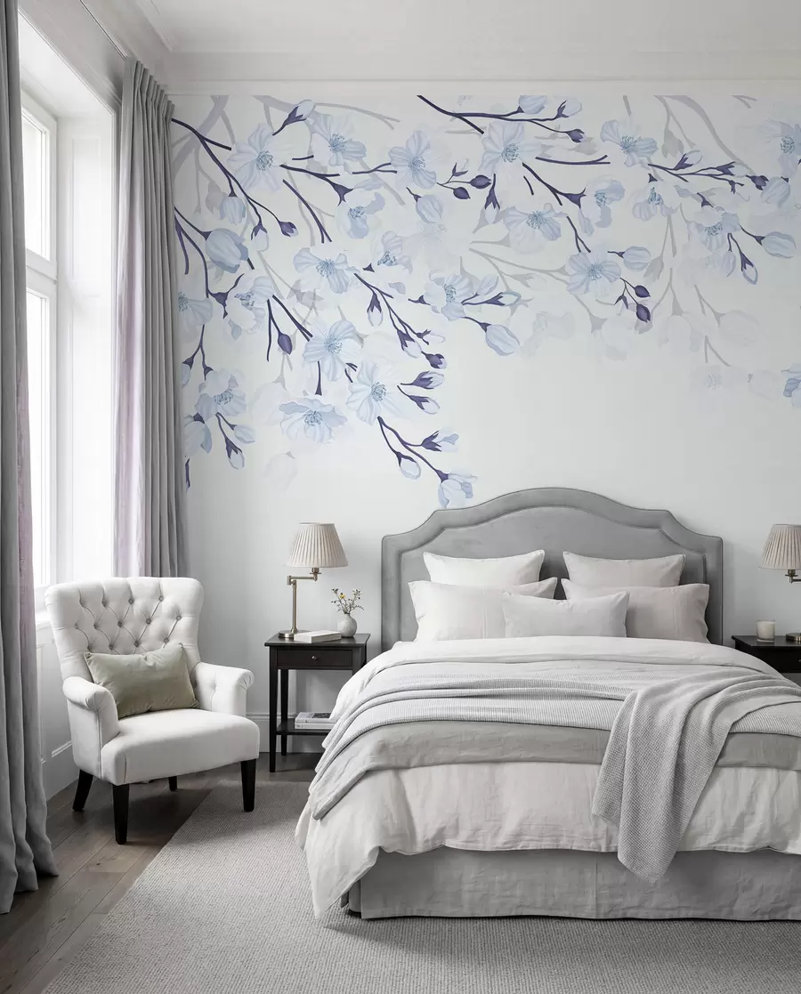 Papier peint branches fleuries bleues sur fond bleu w02200v1
