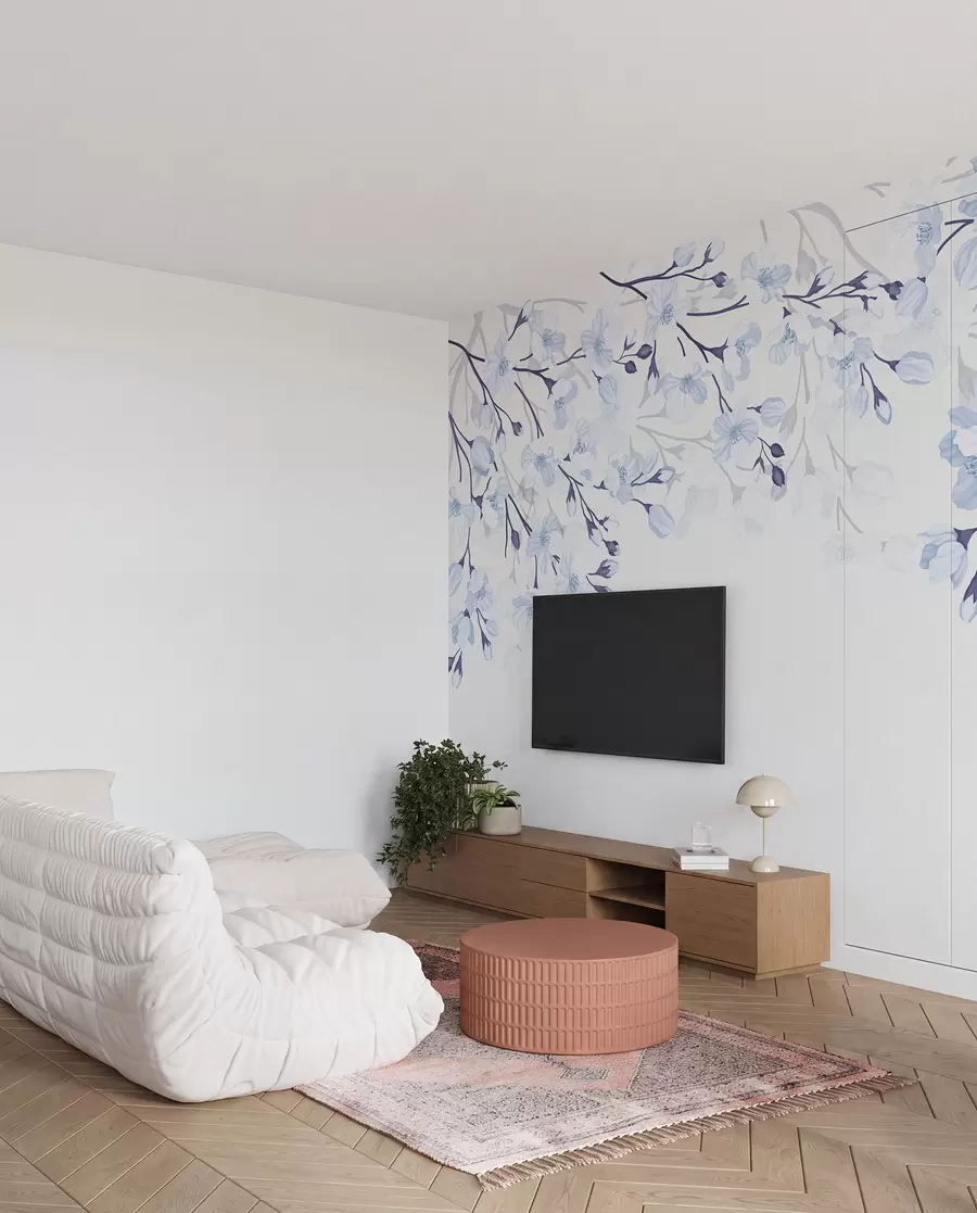 Papier peint branches fleuries bleues sur fond bleu w02200v1
