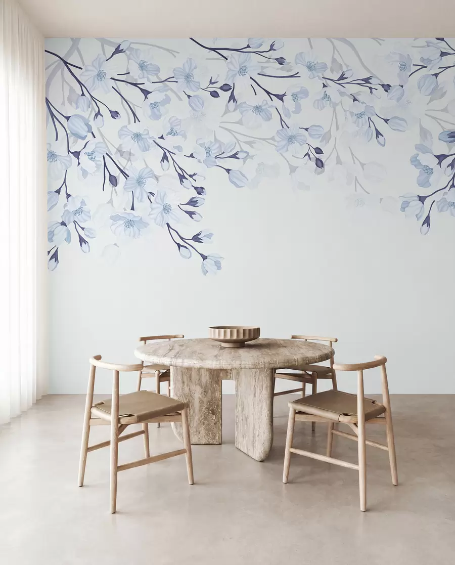 Papier peint branches fleuries bleues sur fond bleu w02200v1
