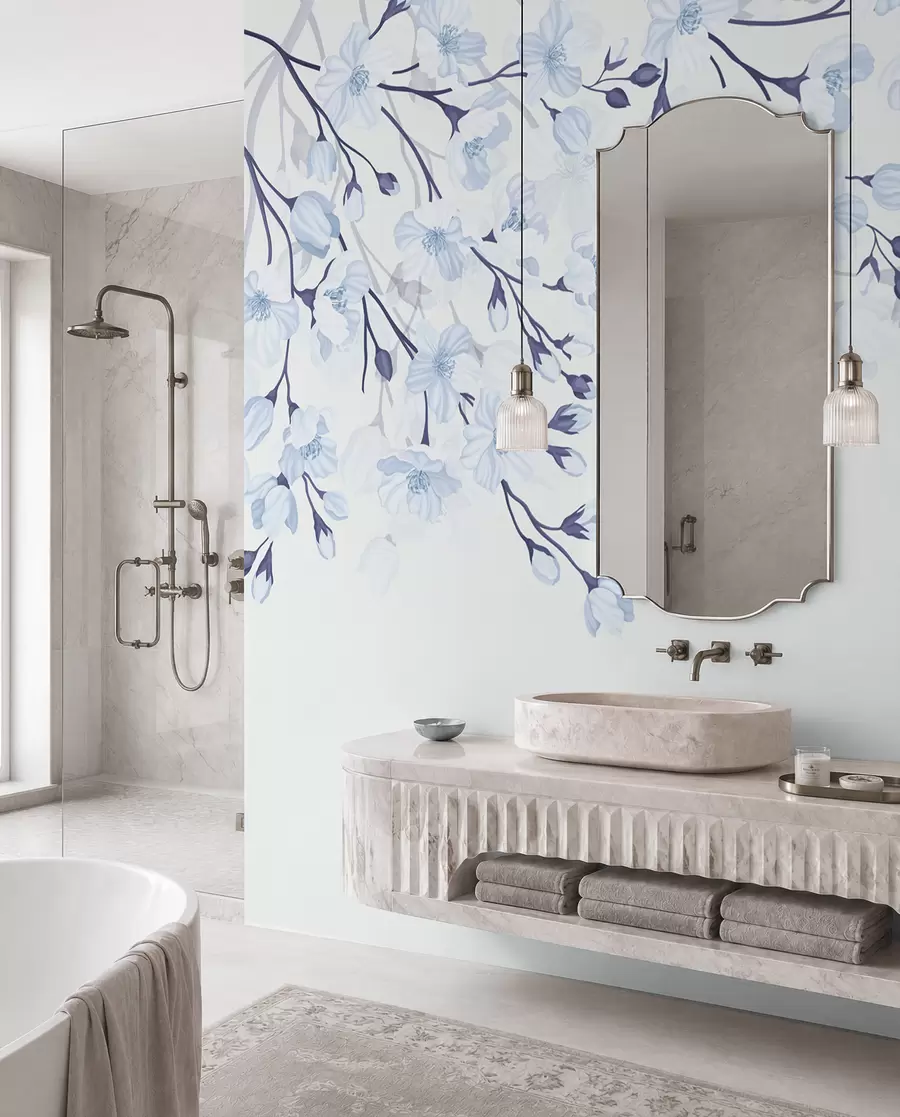 Papier peint branches fleuries bleues sur fond bleu w02200v1