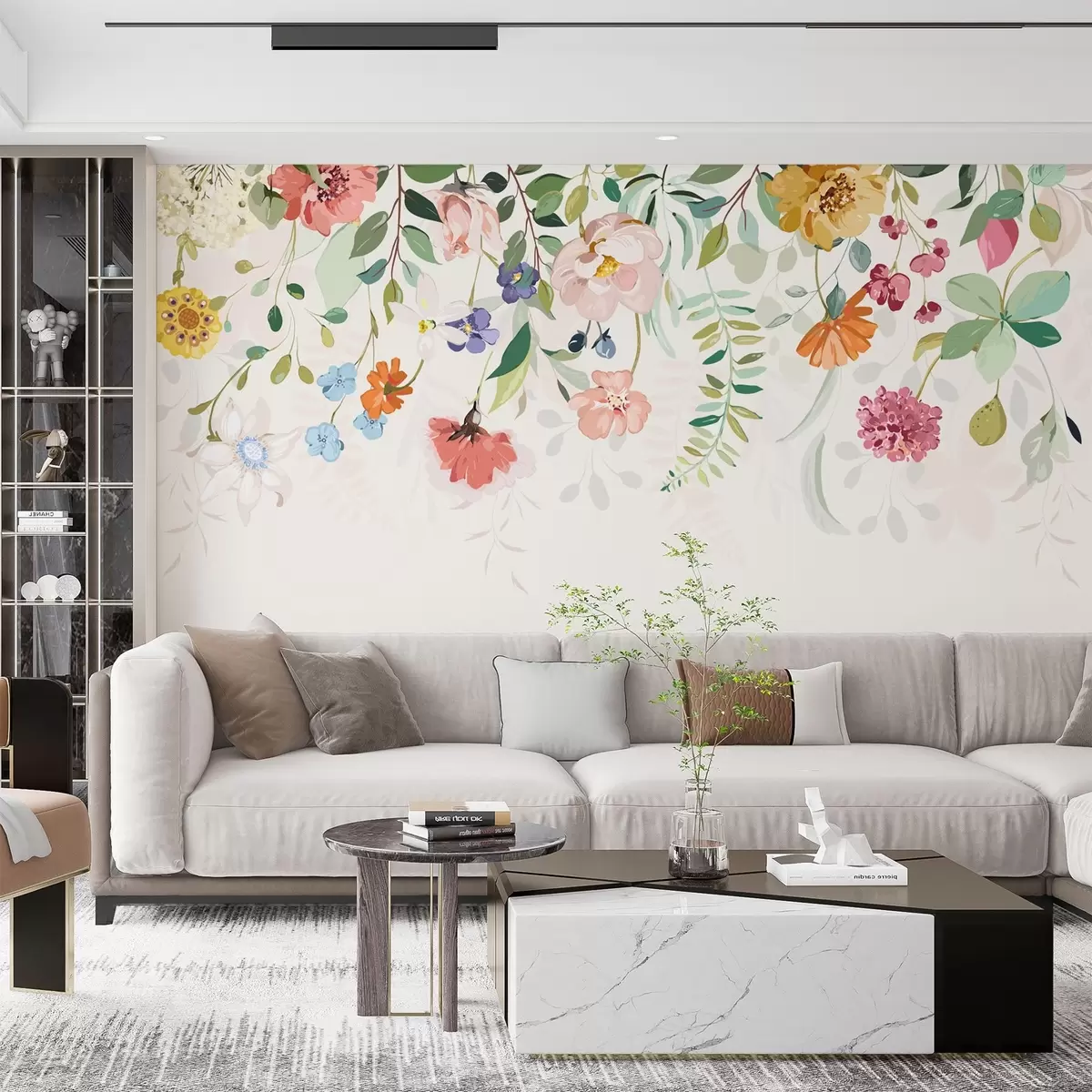 Papier peint des fleurs et des feuilles aux couleurs vives sur le dessus w02201