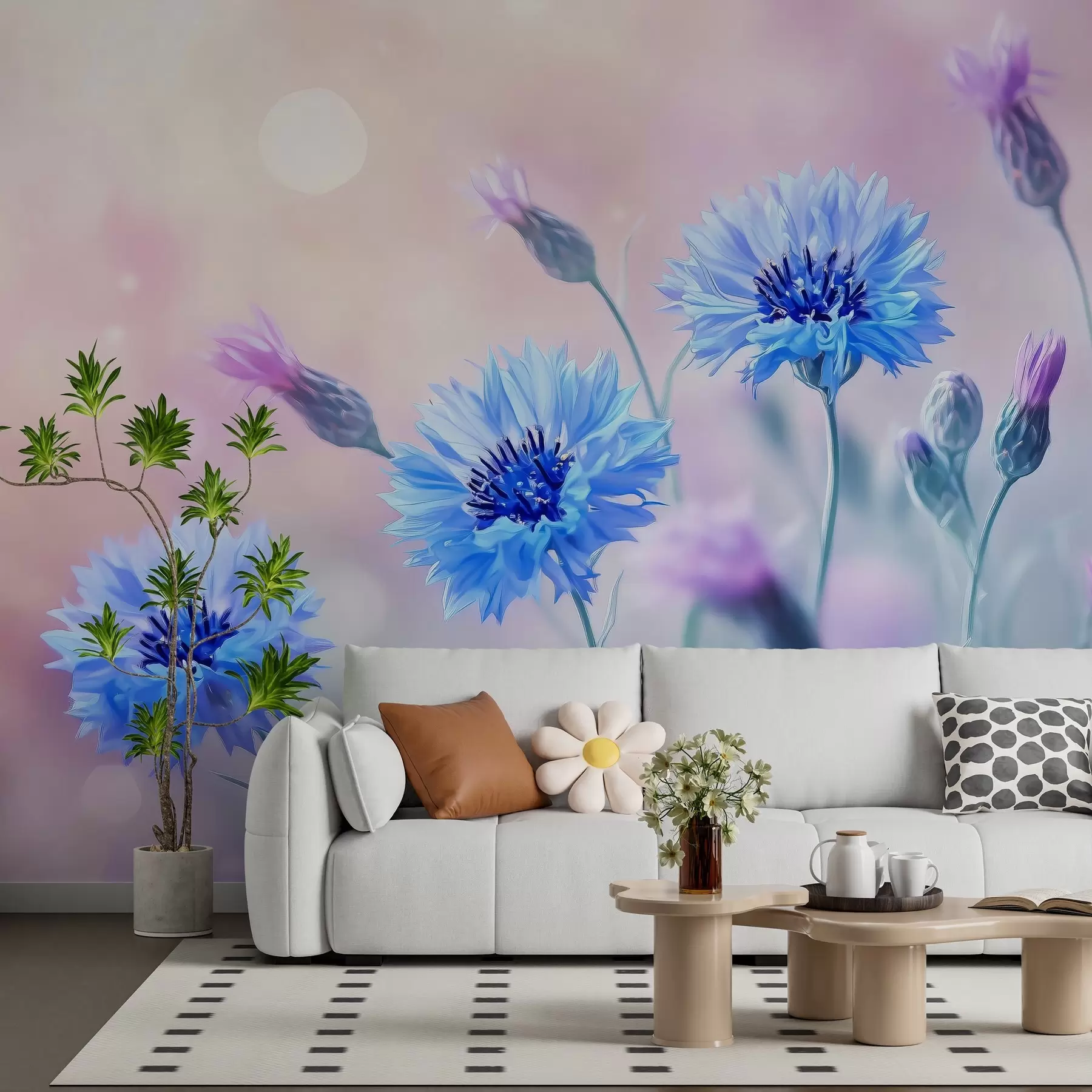 Papier peint Grandes fleurs de bleuet sur fond rose pâle w02124