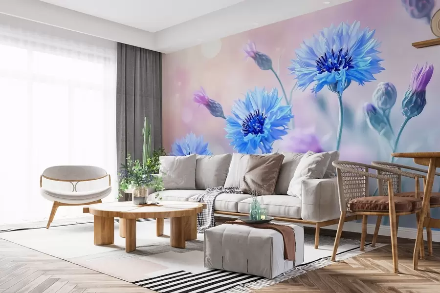 Papier peint Grandes fleurs de bleuet sur fond rose pâle w02124