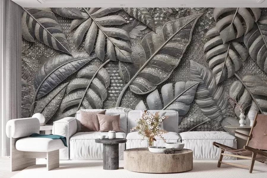 Papier peint Grandes feuilles tropicales dans des tons argentés délicats, dans un style mosaïque texturé w02135