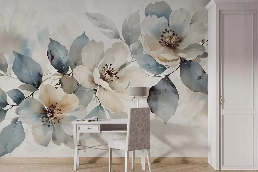 Papier peint Arrangement floral blanc et bleu délicatement texturé à l'aquarelle, avec des pétales et des centres doux w08401