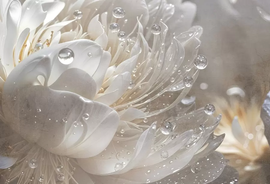 Papier peint Gros plan sur une fleur de pivoine beige dont les pétales délicats sont couverts de gouttelettes d'eau, créant ainsi une douce atmosphère w08402