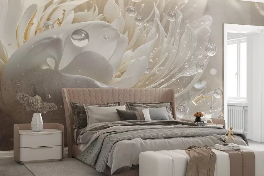 Papier peint Gros plan sur une fleur de pivoine beige dont les pétales délicats sont couverts de gouttelettes d'eau, créant ainsi une douce atmosphère w08402