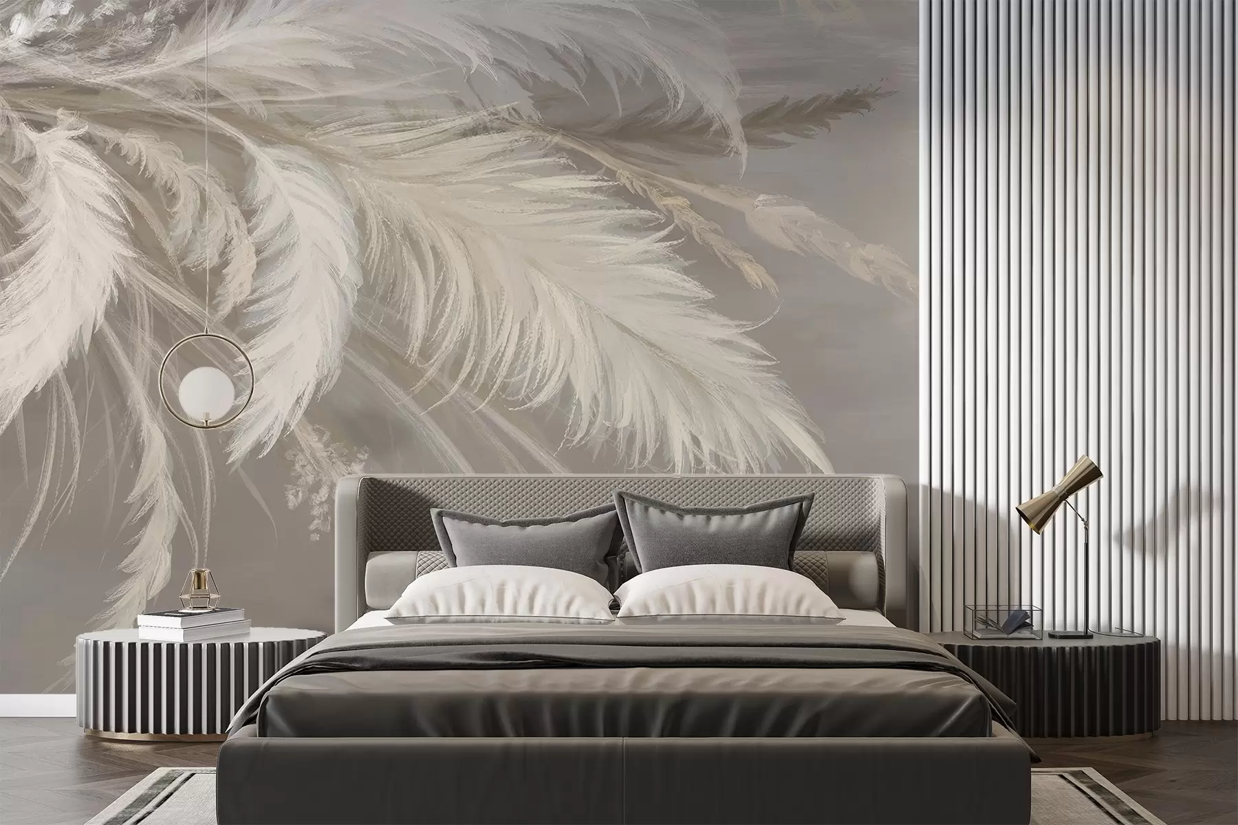 Papier peint Plumes blanches douces et duveteuses et fleurs séchées sur un fond beige pastel neutre w08403
