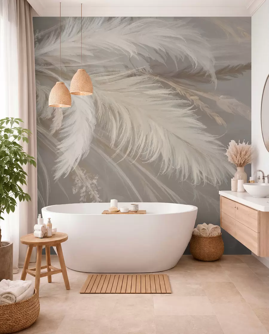 Papier peint Plumes blanches douces et duveteuses et fleurs séchées sur un fond beige pastel neutre w08403
