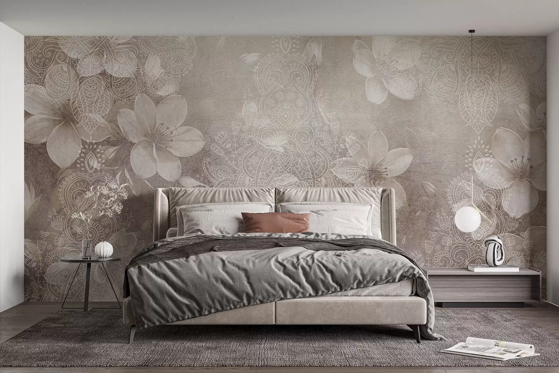 Papier peint Dessin de fleurs blanches délicates sur un fond flou de dentelle beige texturée w08405v1