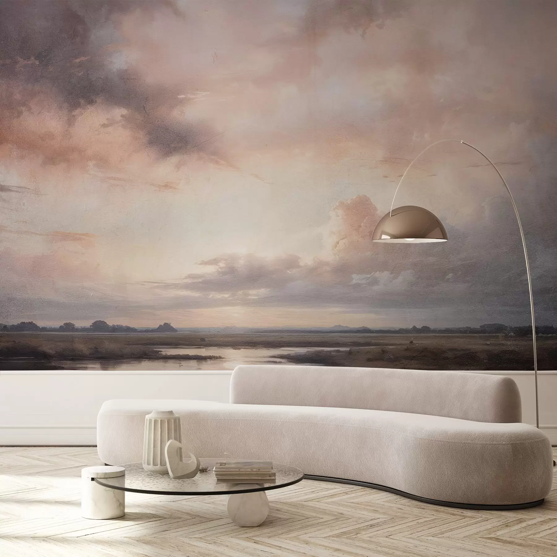 Papier peint Impression texturée d'un paysage dramatique représentant un ciel nuageux au-dessus d'un lac calme au coucher du soleil, avec des collines visibles au loin w08409